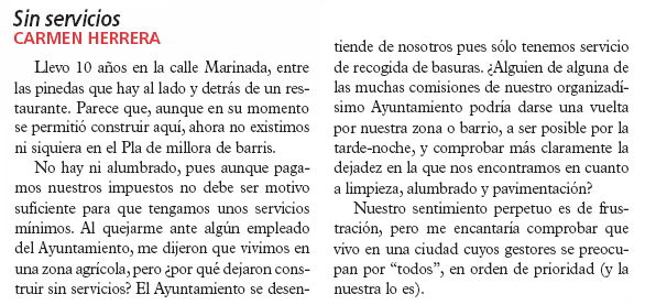 Carta d'una ve&iuml;na del carrer Marinada de Gav&agrave; Mar publicada al peri&ograve;dic municipal EL BRUGUERS queixant-se del mal estat del carrer Marinada (21 de Maig de 2008)